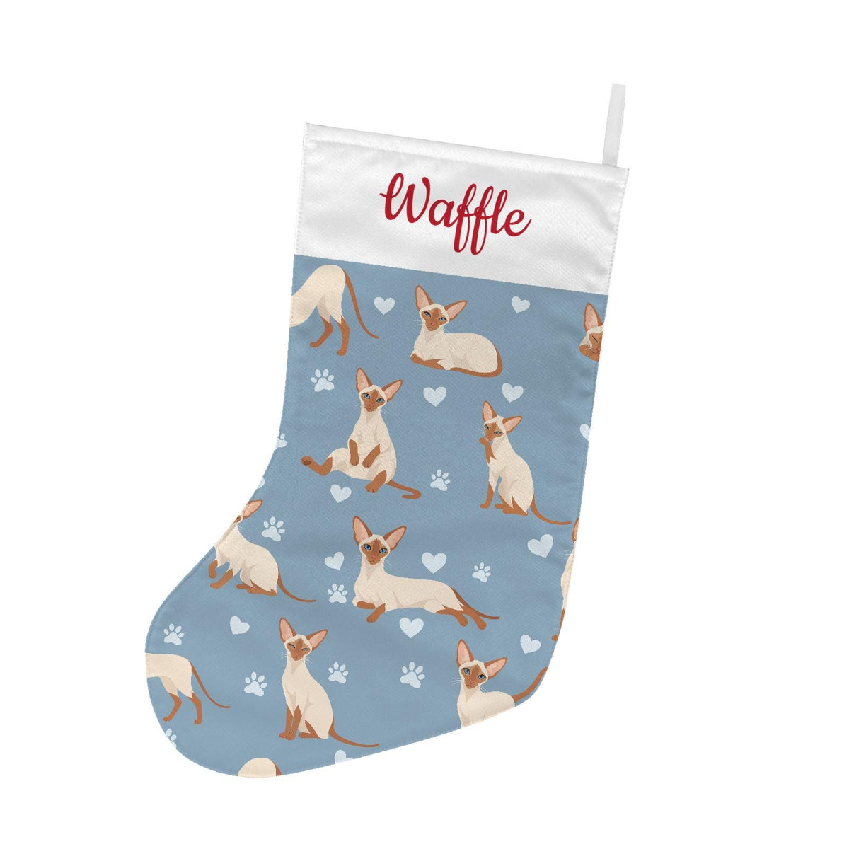 Colorpoint Shorthair Christmas stocking on dusty blue background with example name Waffle in red script on the white cuff; view 2.