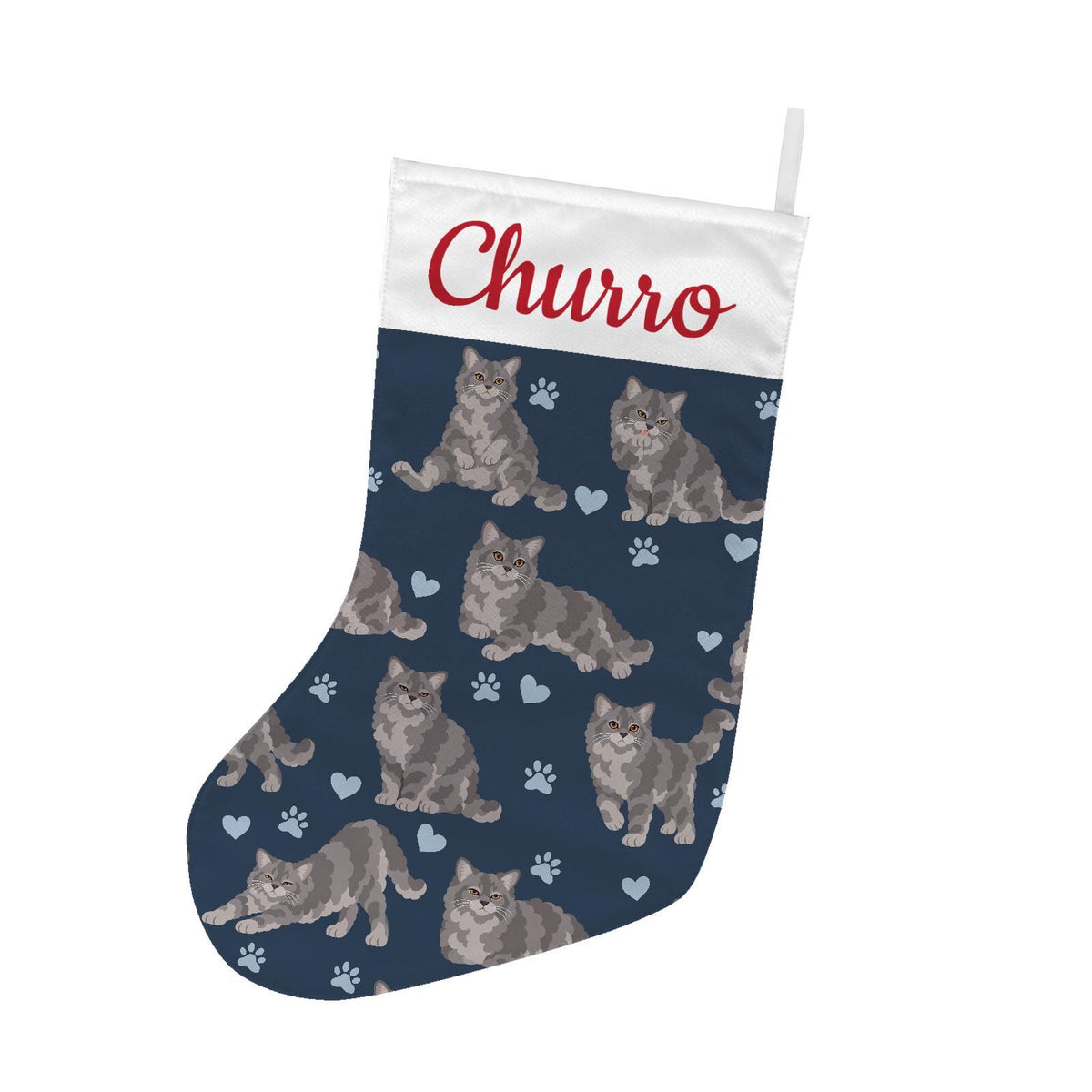 Selkirk Rex Christmas stocking on deep navy background with example name Churro in red script on the white cuff; view 2.