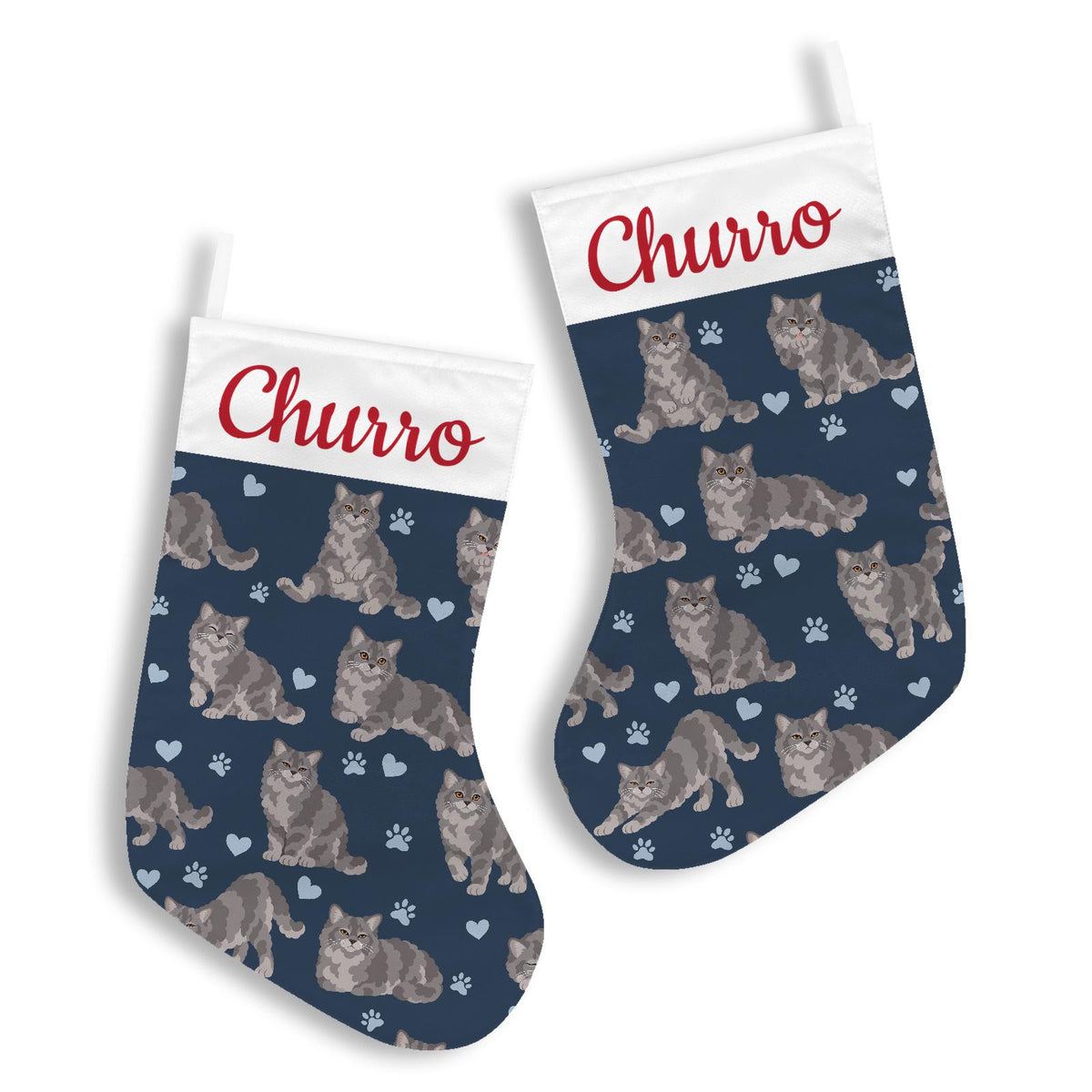 Selkirk Rex Christmas stocking on deep navy background with example name Churro in red script on the white cuff; view 3.