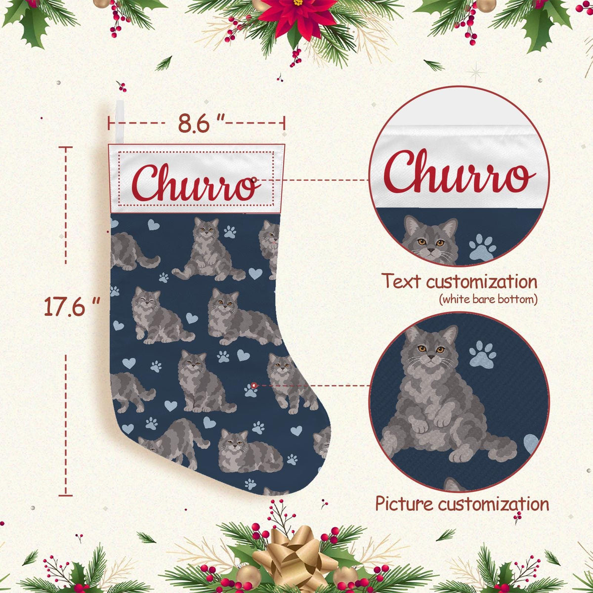 Selkirk Rex Christmas stocking on deep navy background with example name Churro in red script on the white cuff; view 4.
