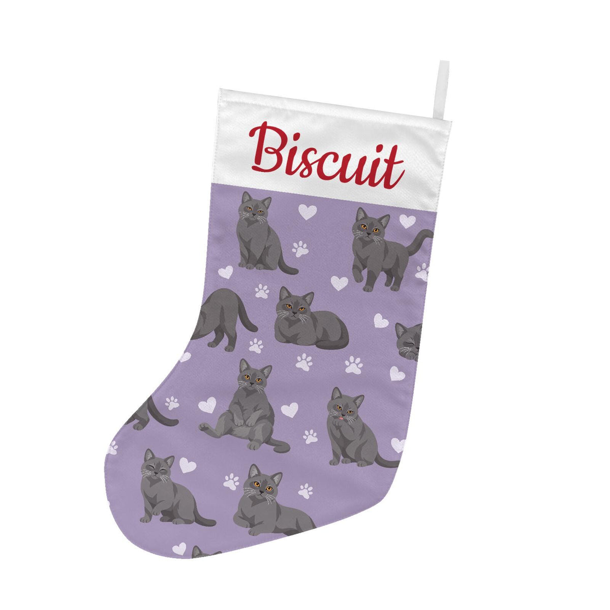 Chartreux Christmas stocking on soft lavender background with example name Biscuit in red script on the white cuff; view 2.