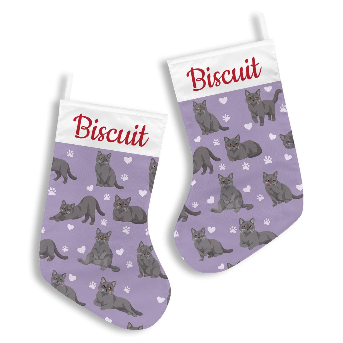Chartreux Christmas stocking on soft lavender background with example name Biscuit in red script on the white cuff; view 3.