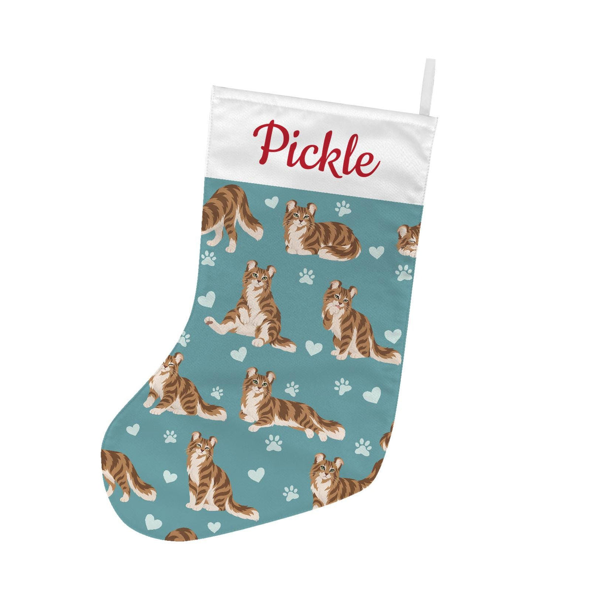 American Curl Christmas stocking on muted teal background with example name Pickle in red script on the white cuff; view 2.
