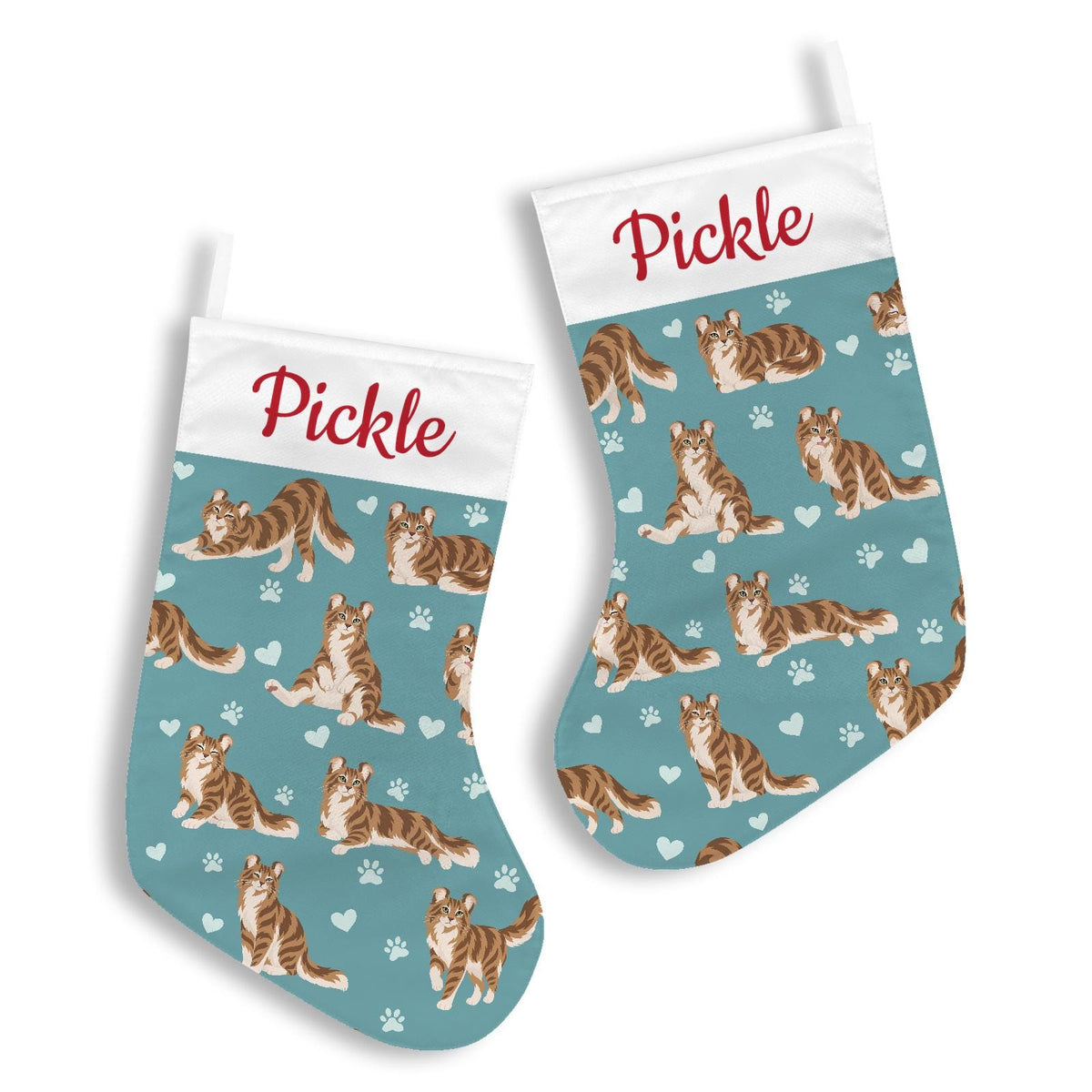 American Curl Christmas stocking on muted teal background with example name Pickle in red script on the white cuff; view 3.