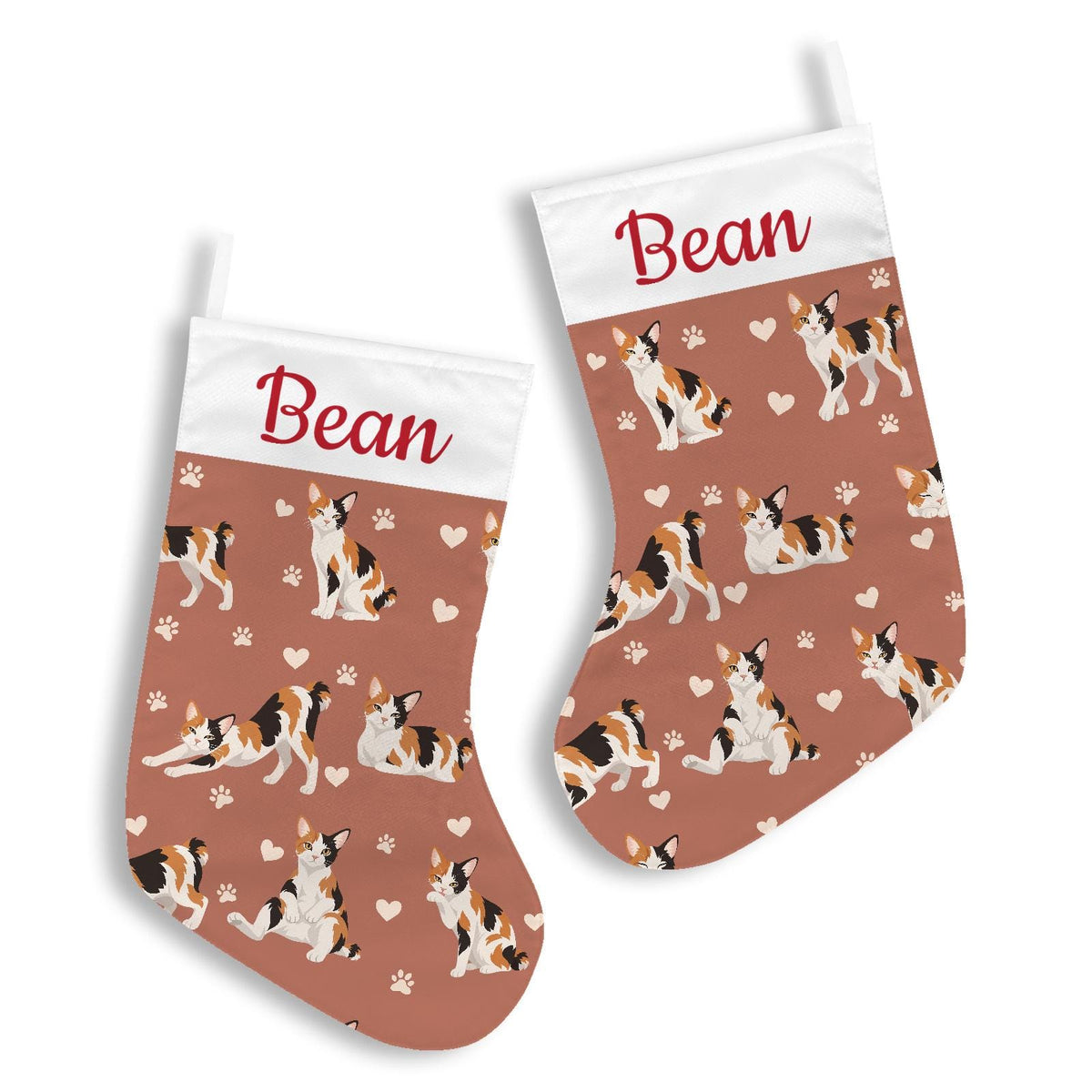 Japanese Bobtail Christmas stocking on muted terracotta background with example name Bean in red script on the white cuff; view 3.