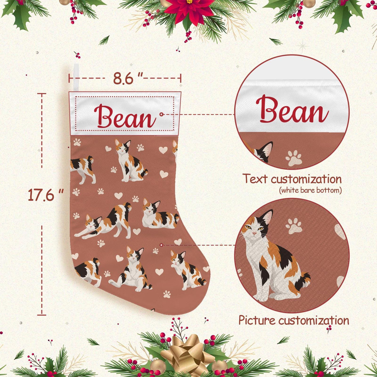 Japanese Bobtail Christmas stocking on muted terracotta background with example name Bean in red script on the white cuff; view 4.