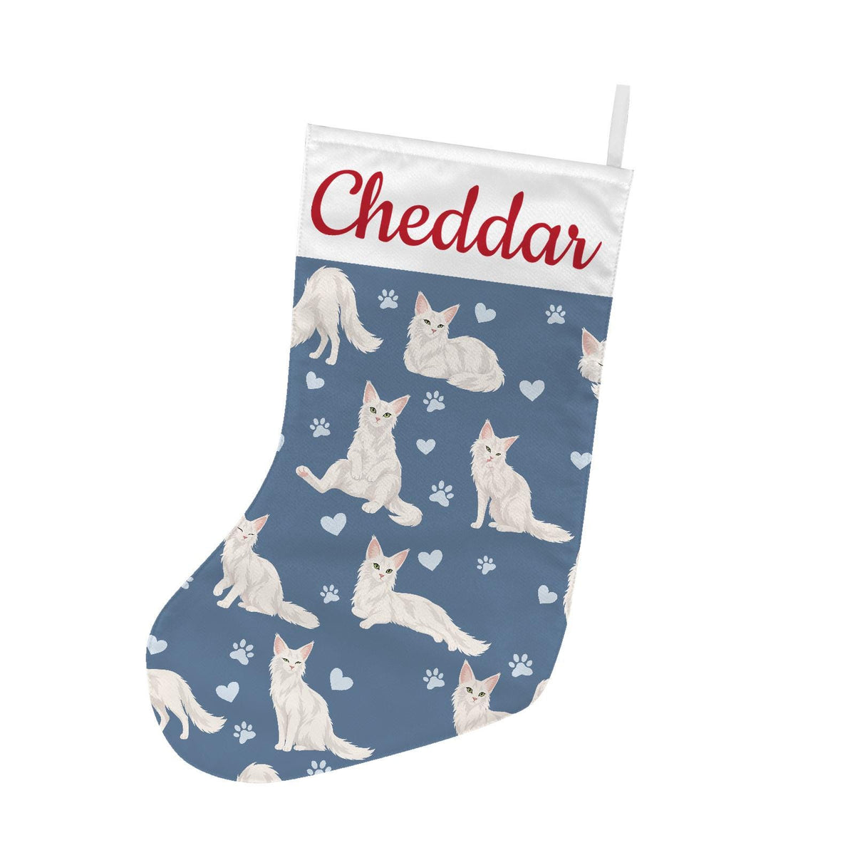 Turkish Angora Christmas stocking on slate blue background with example name Cheddar in red script on the white cuff; view 2.