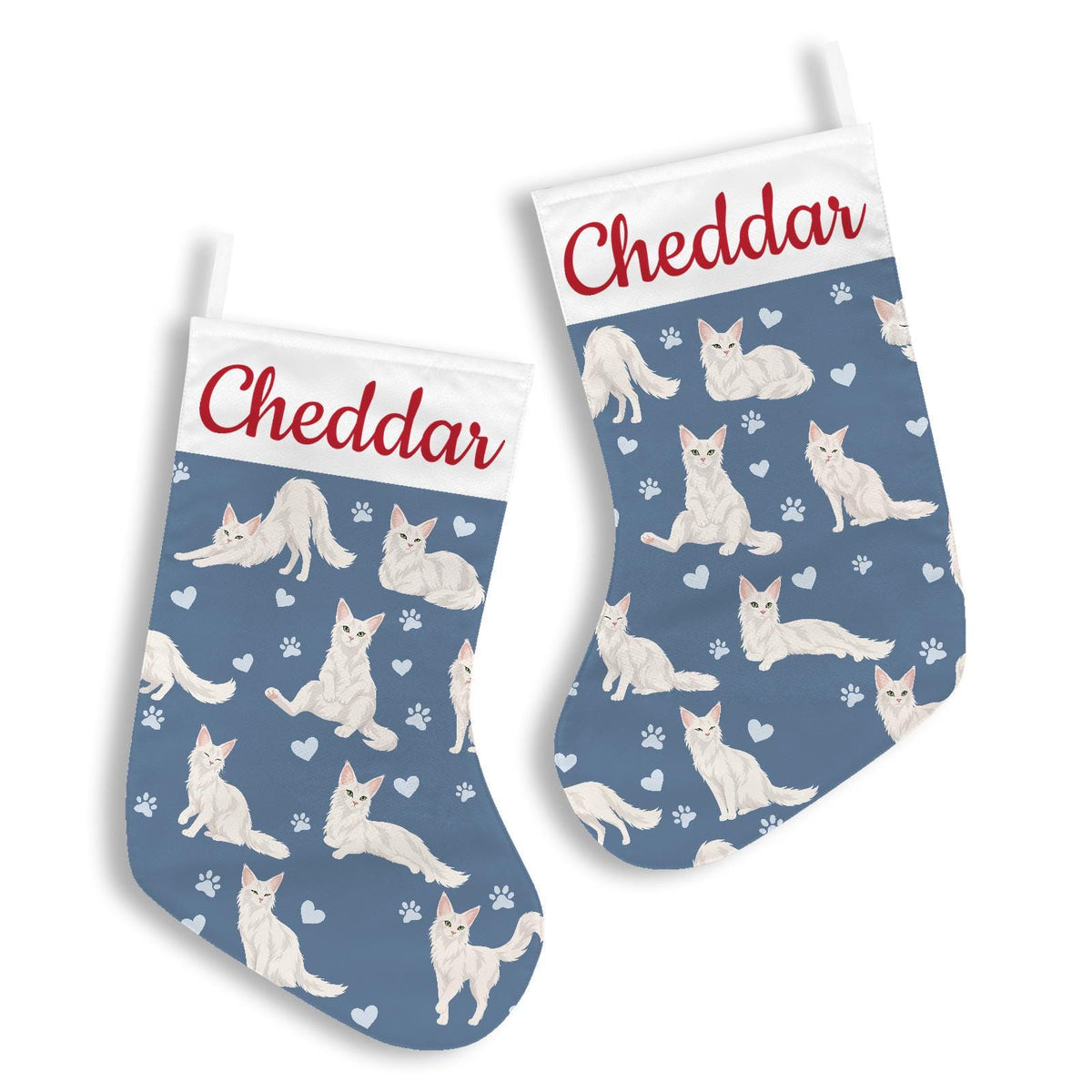 Turkish Angora Christmas stocking on slate blue background with example name Cheddar in red script on the white cuff; view 3.