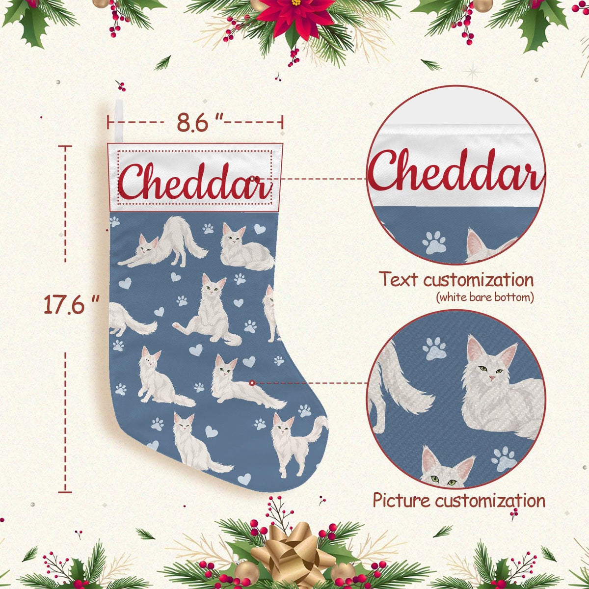 Turkish Angora Christmas stocking on slate blue background with example name Cheddar in red script on the white cuff; view 4.