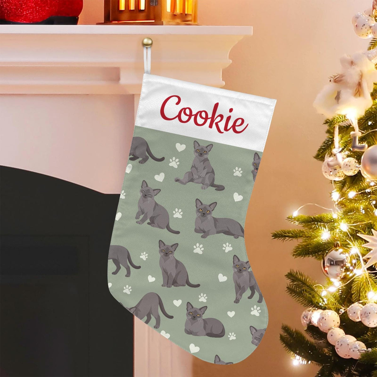 European Burmese Christmas stocking on soft sage background with example name Cookie in red script on the white cuff; view 1.