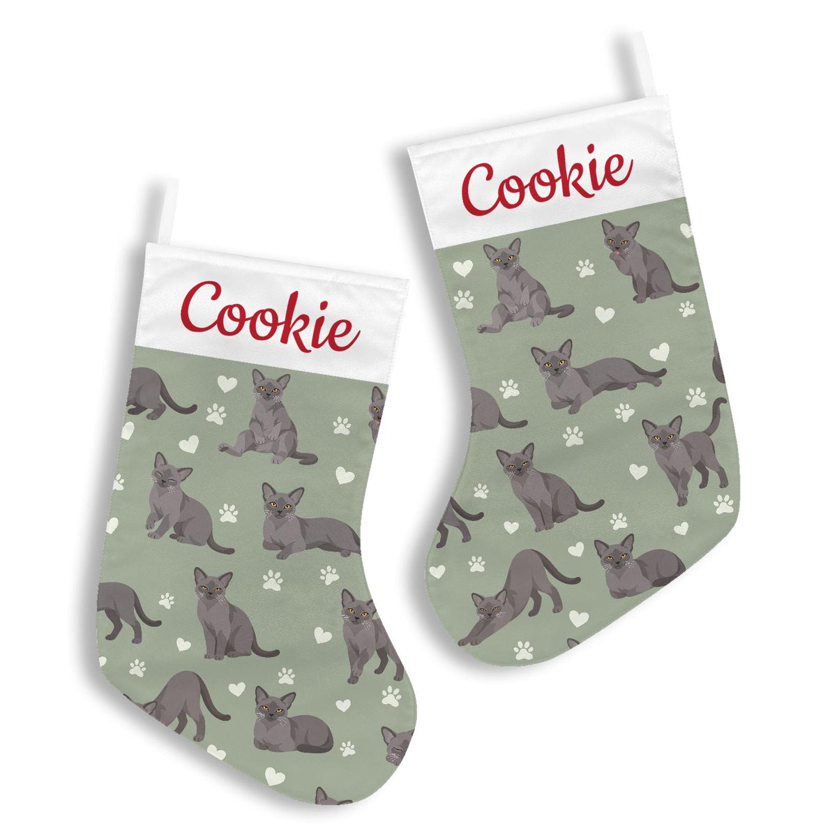 European Burmese Christmas stocking on soft sage background with example name Cookie in red script on the white cuff; view 3.