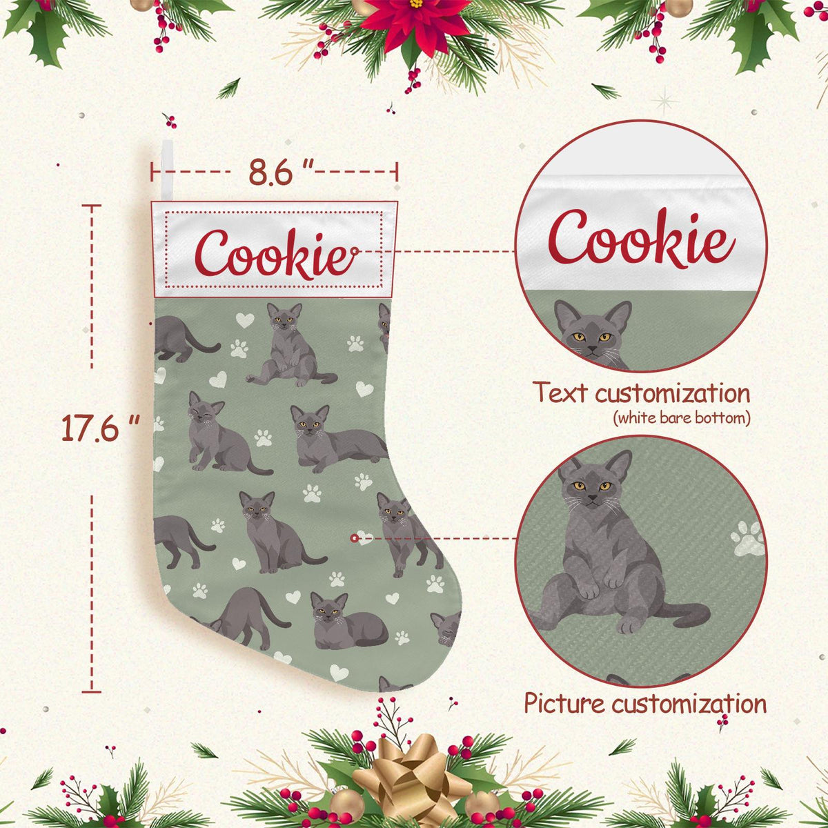 European Burmese Christmas stocking on soft sage background with example name Cookie in red script on the white cuff; view 4.