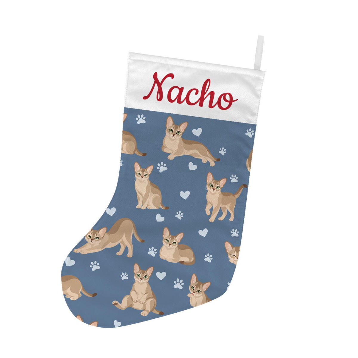Singapura Christmas stocking on slate blue background with example name Nacho in red script on the white cuff; view 2.