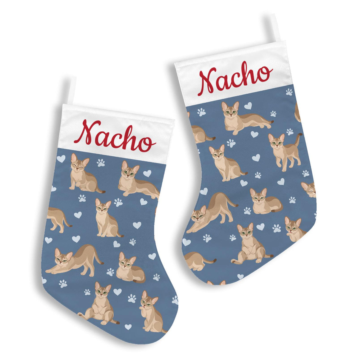 Singapura Christmas stocking on slate blue background with example name Nacho in red script on the white cuff; view 3.