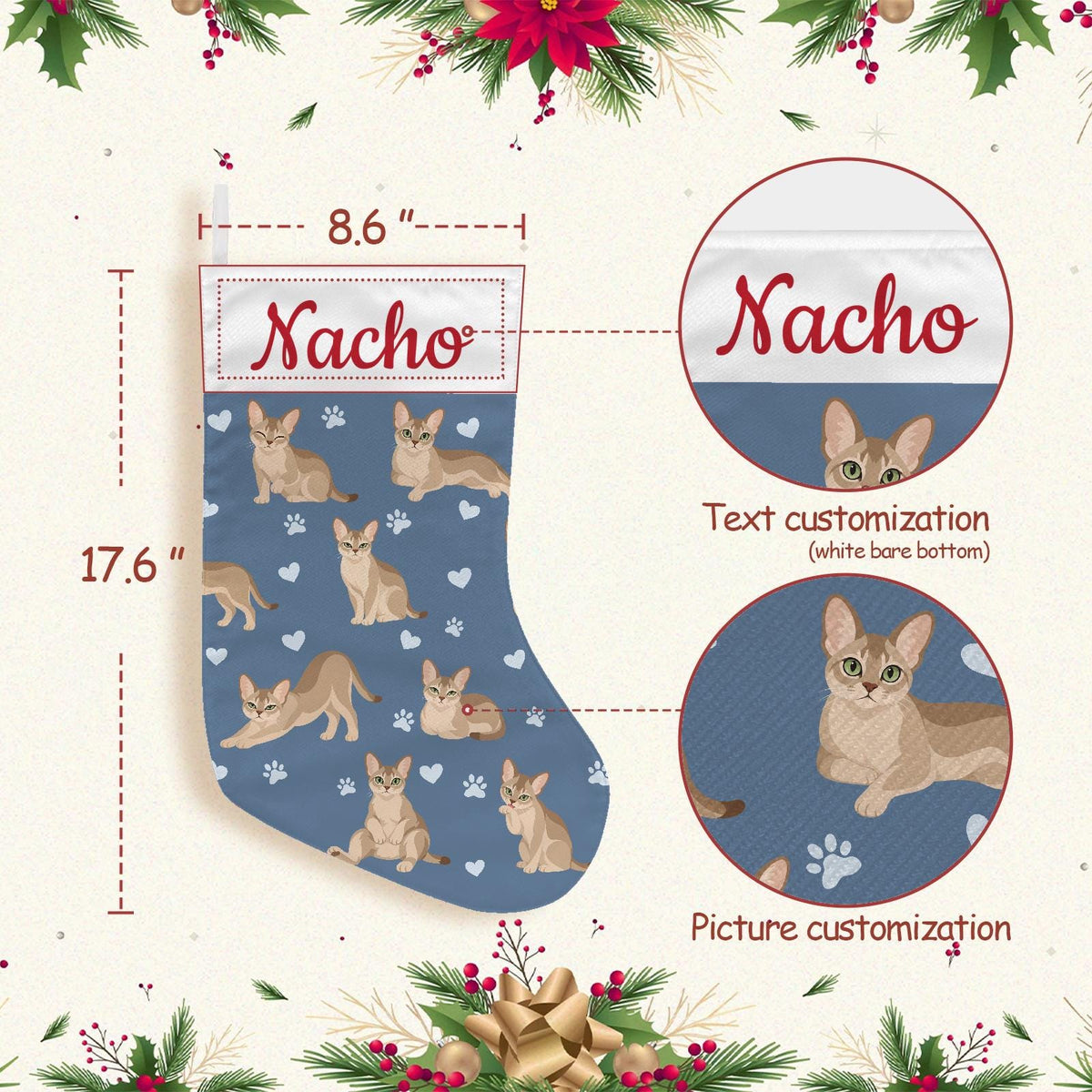 Singapura Christmas stocking on slate blue background with example name Nacho in red script on the white cuff; view 4.