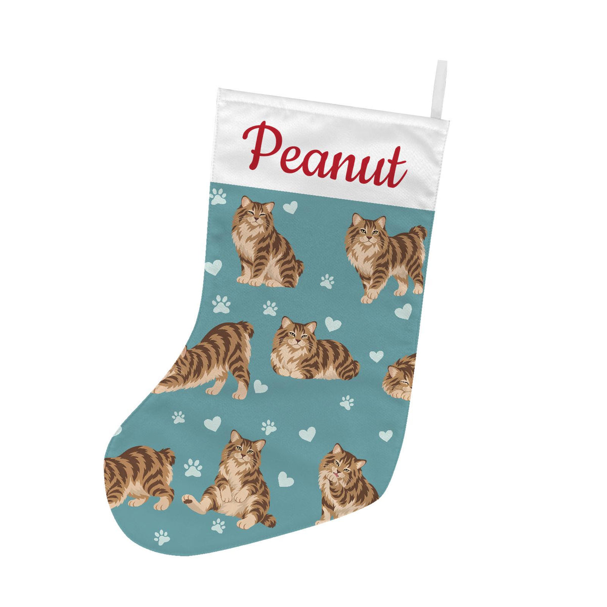 American Bobtail Christmas stocking on muted teal background with example name Peanut in red script on the white cuff; view 2.