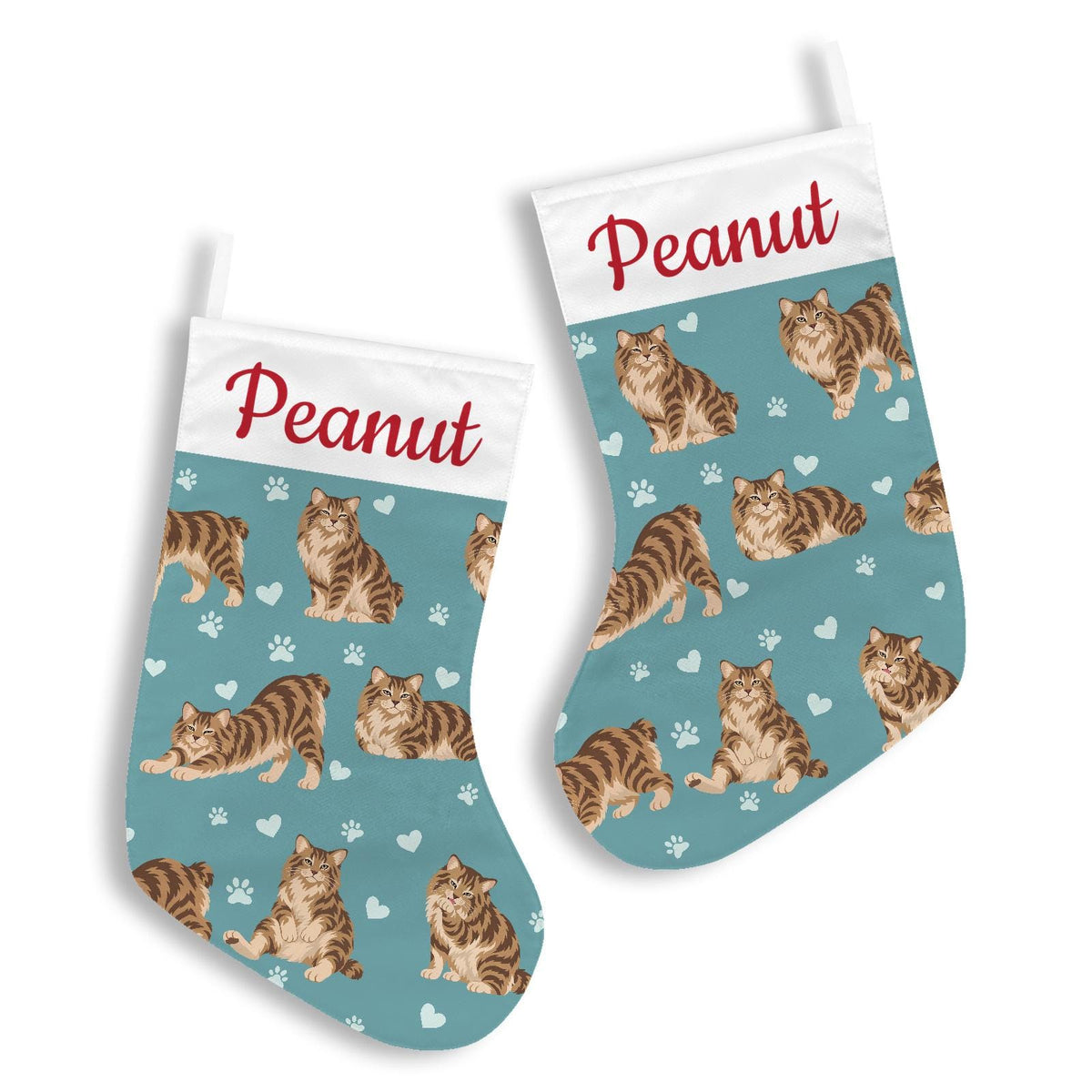 American Bobtail Christmas stocking on muted teal background with example name Peanut in red script on the white cuff; view 3.