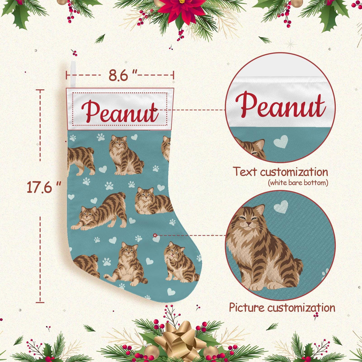 American Bobtail Christmas stocking on muted teal background with example name Peanut in red script on the white cuff; view 4.