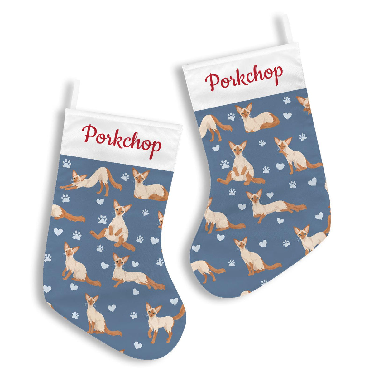 Javanese Christmas stocking on slate blue background with example name Porkchop in red script on the white cuff; view 3.