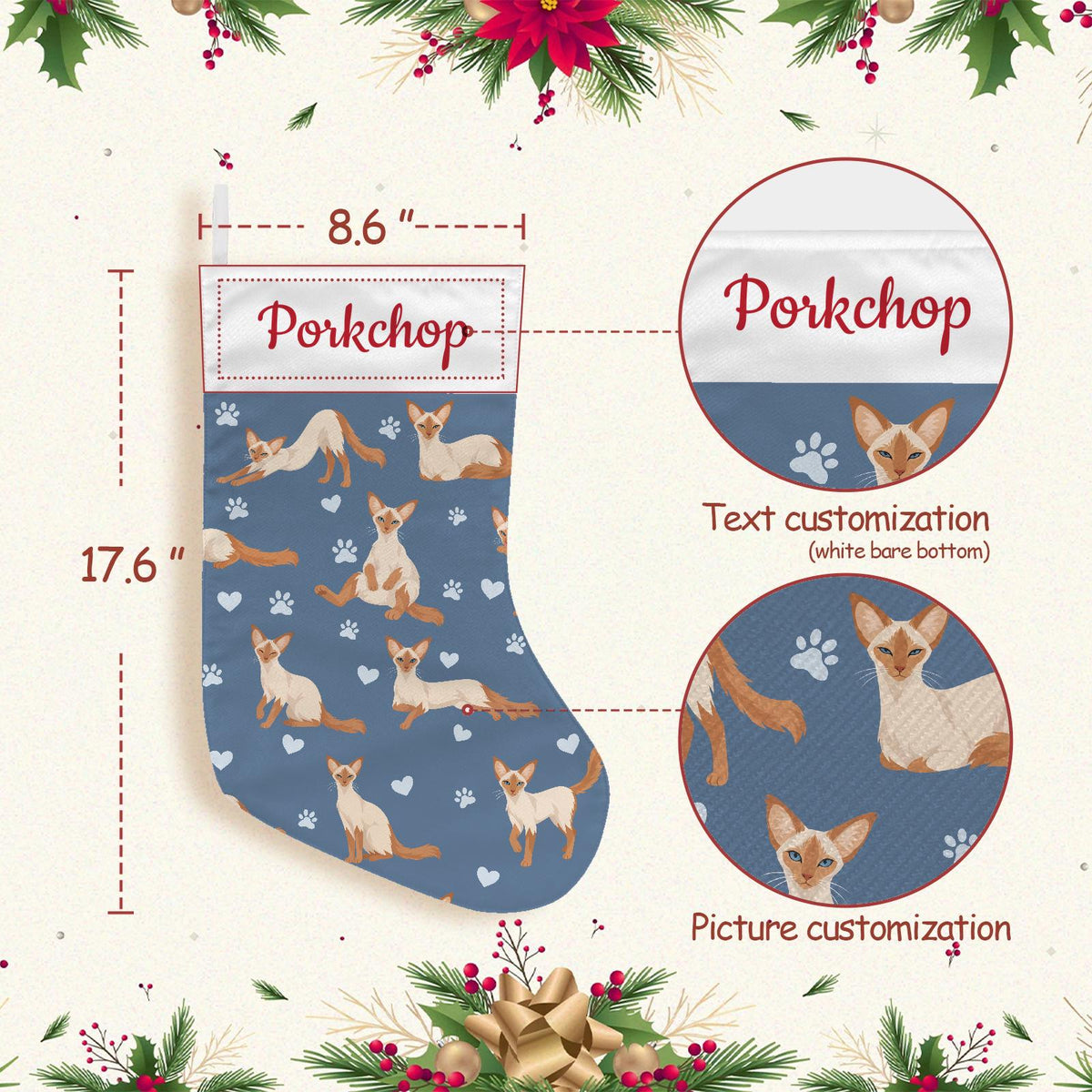 Javanese Christmas stocking on slate blue background with example name Porkchop in red script on the white cuff; view 4.