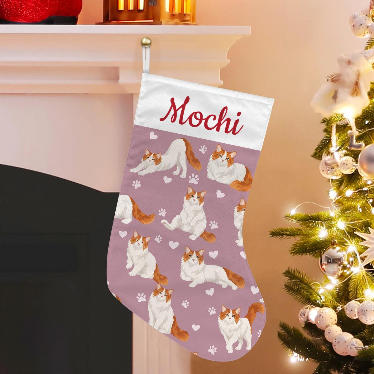 Turkish Van Christmas stocking on dusty rose background with example name Mochi in red script on the white cuff; view 1.