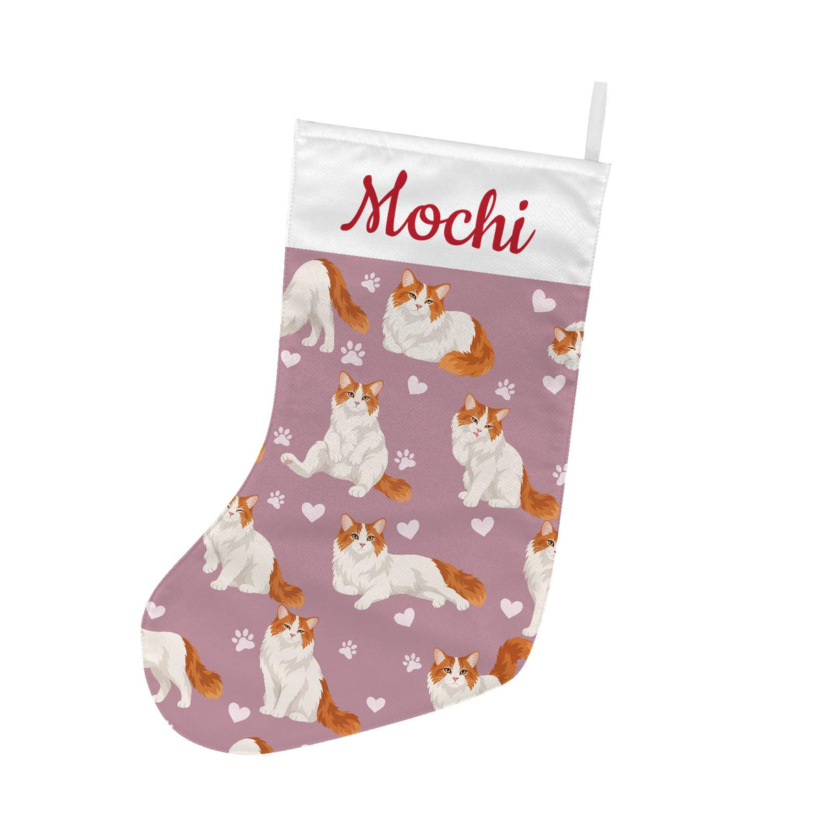 Turkish Van Christmas stocking on dusty rose background with example name Mochi in red script on the white cuff; view 2.