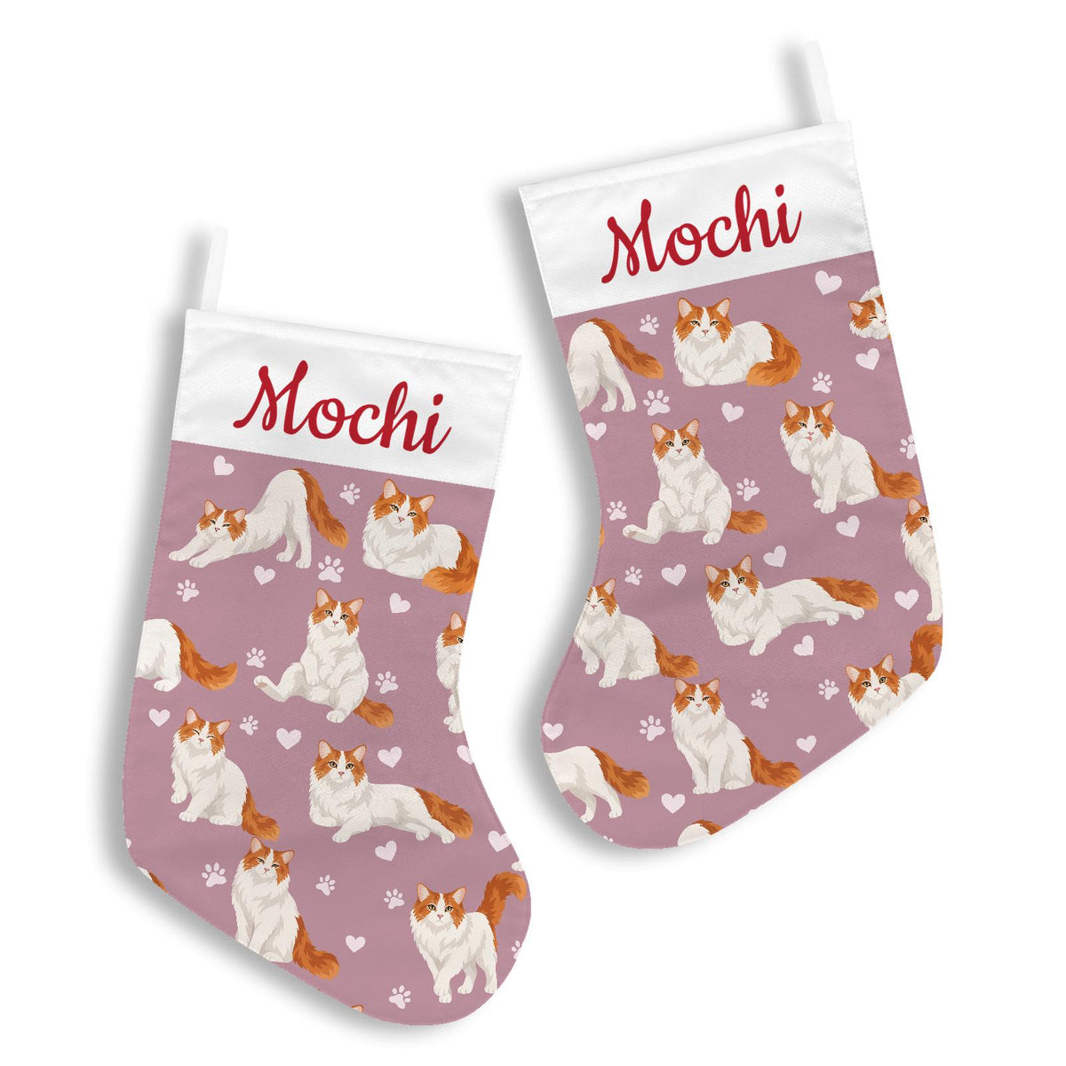 Turkish Van Christmas stocking on dusty rose background with example name Mochi in red script on the white cuff; view 3.