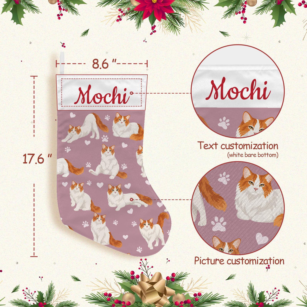 Turkish Van Christmas stocking on dusty rose background with example name Mochi in red script on the white cuff; view 4.