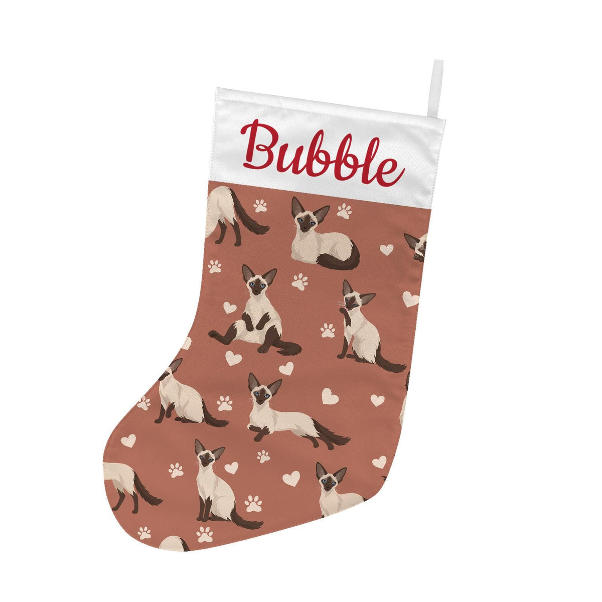 Balinese Christmas stocking on muted terracotta background with example name Bubble in red script on the white cuff; view 2.