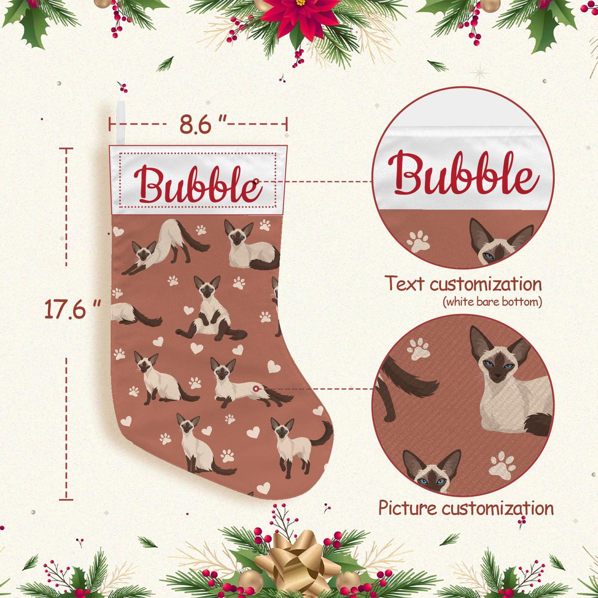 Balinese Christmas stocking on muted terracotta background with example name Bubble in red script on the white cuff; view 4.