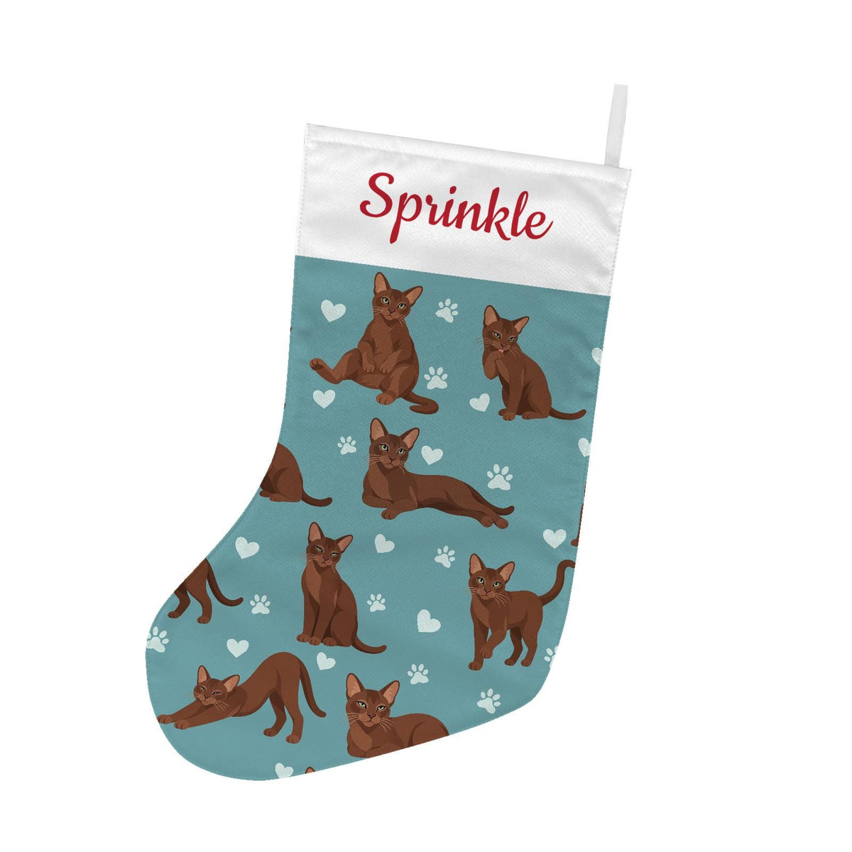 Havana Brown Christmas stocking on muted teal background with example name Sprinkle in red script on the white cuff; view 2.