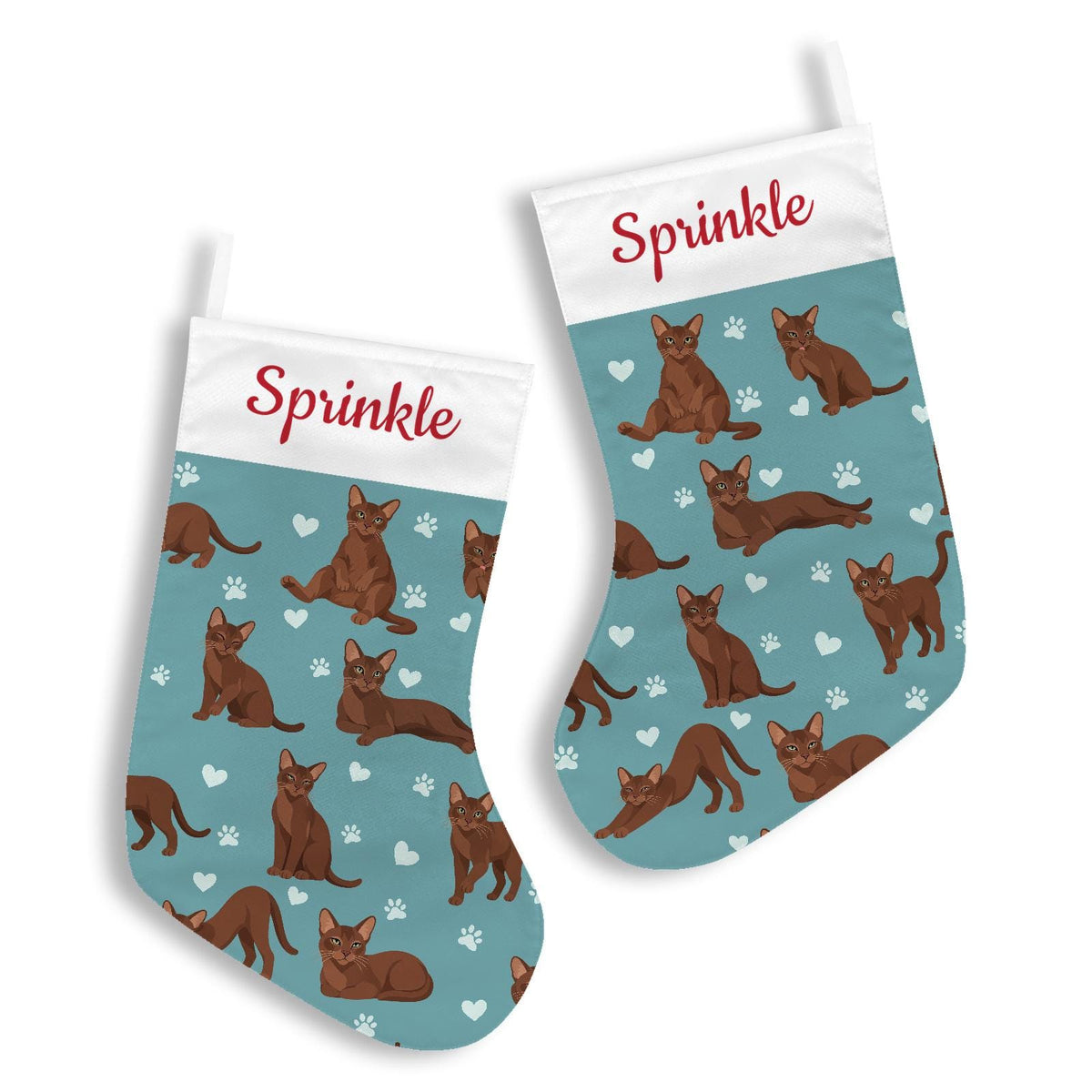 Havana Brown Christmas stocking on muted teal background with example name Sprinkle in red script on the white cuff; view 3.