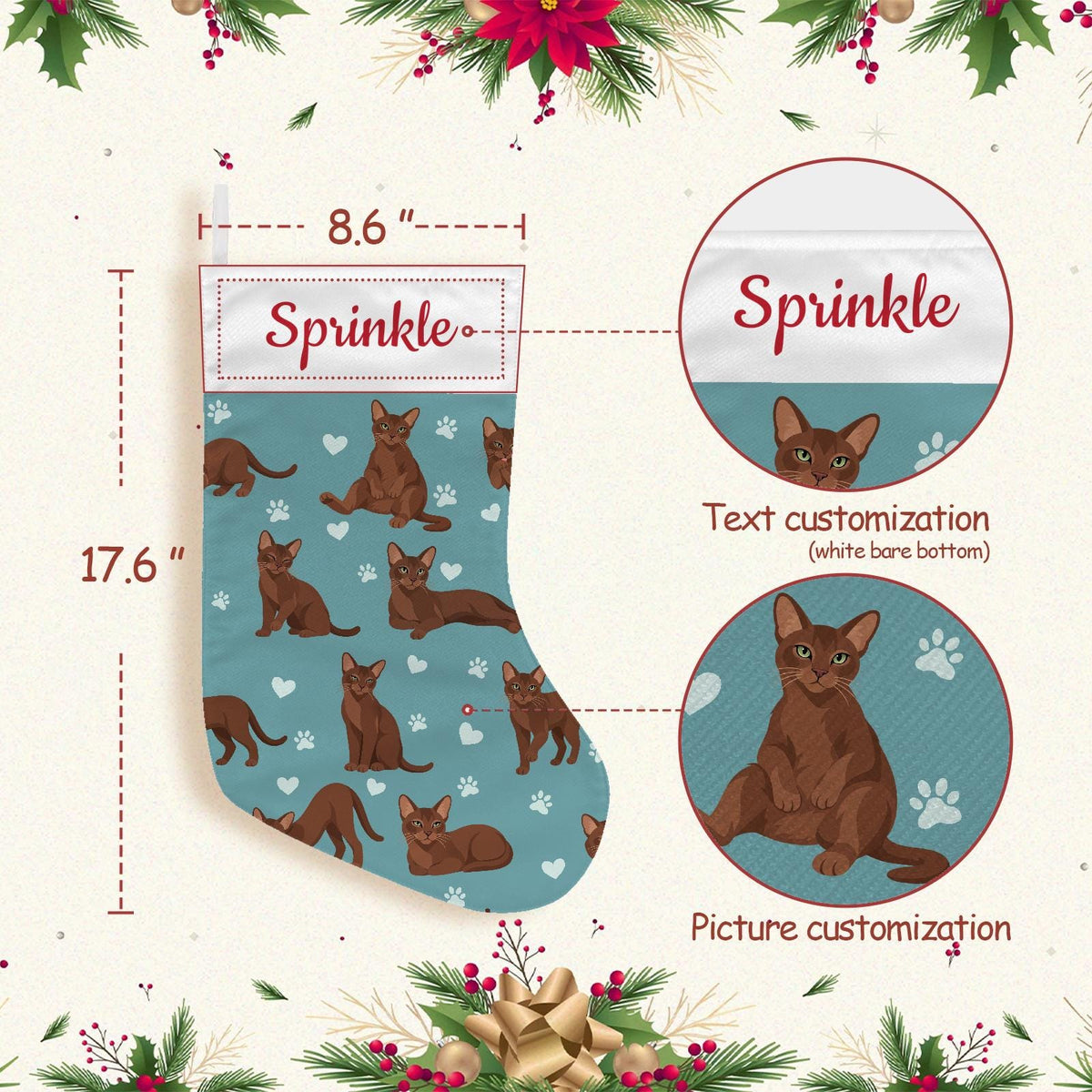 Havana Brown Christmas stocking on muted teal background with example name Sprinkle in red script on the white cuff; view 4.