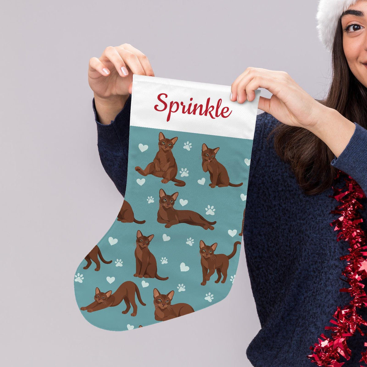 Havana Brown Christmas stocking on muted teal background with example name Sprinkle in red script on the white cuff; view 5.