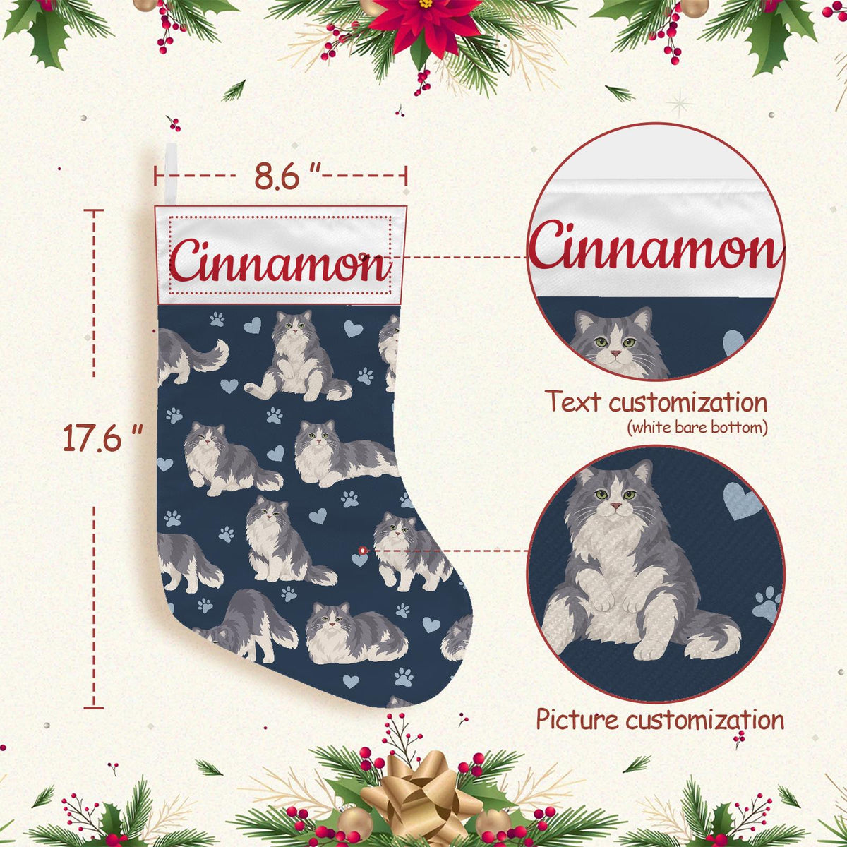 Ragamuffin Christmas stocking on deep navy background with example name Cinnamon in red script on the white cuff; view 4.