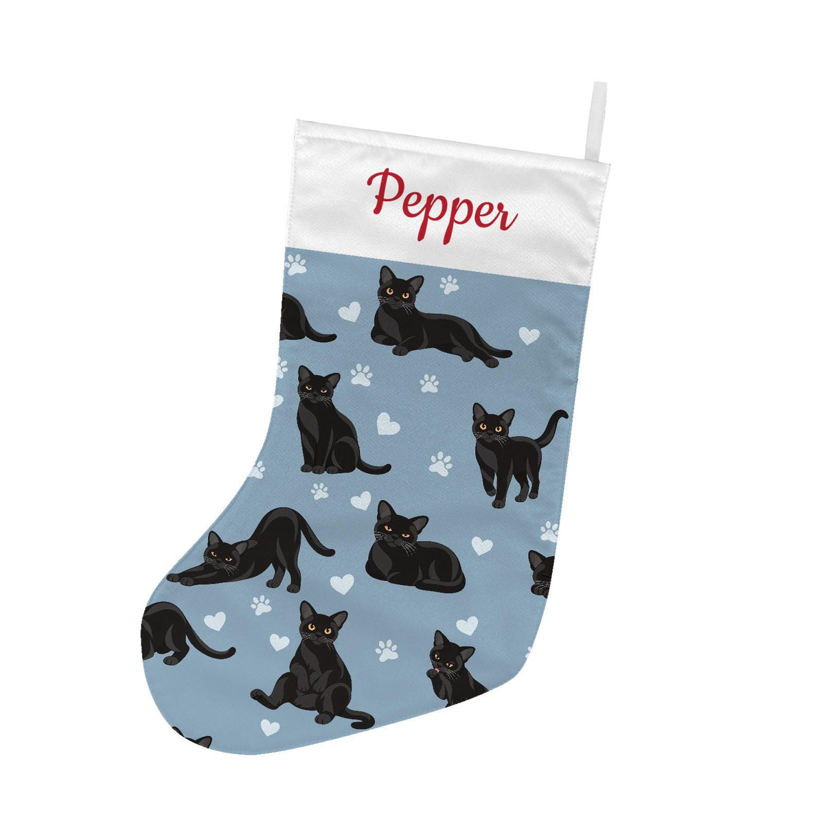 Bombay Christmas stocking on dusty blue background with example name Pepper in red script on the white cuff; view 2.