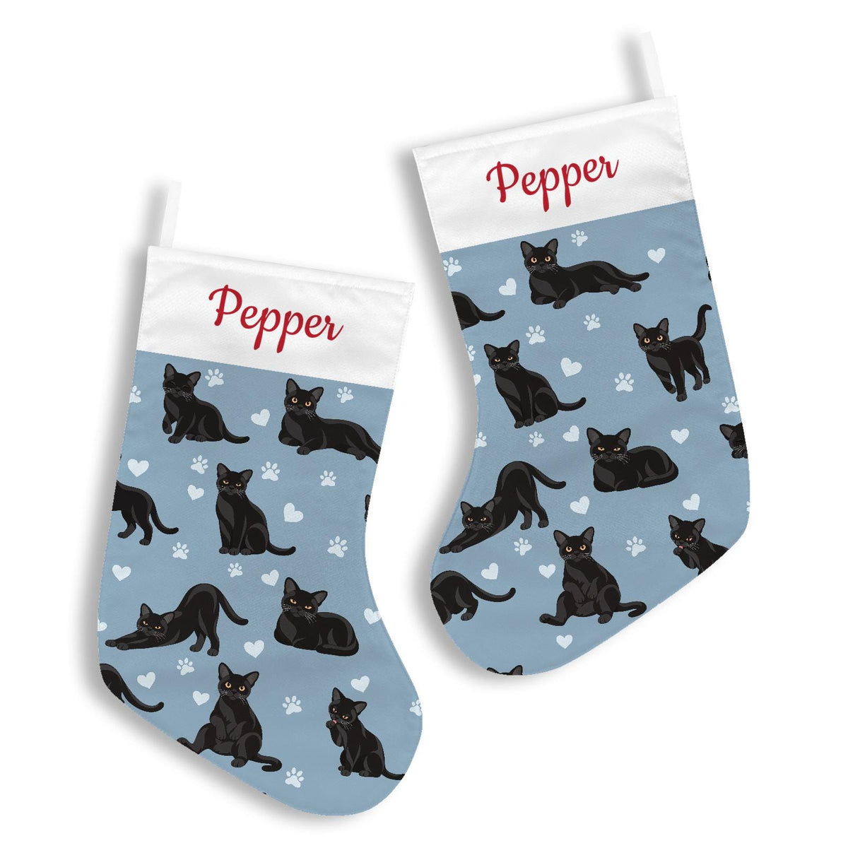 Bombay Christmas stocking on dusty blue background with example name Pepper in red script on the white cuff; view 3.