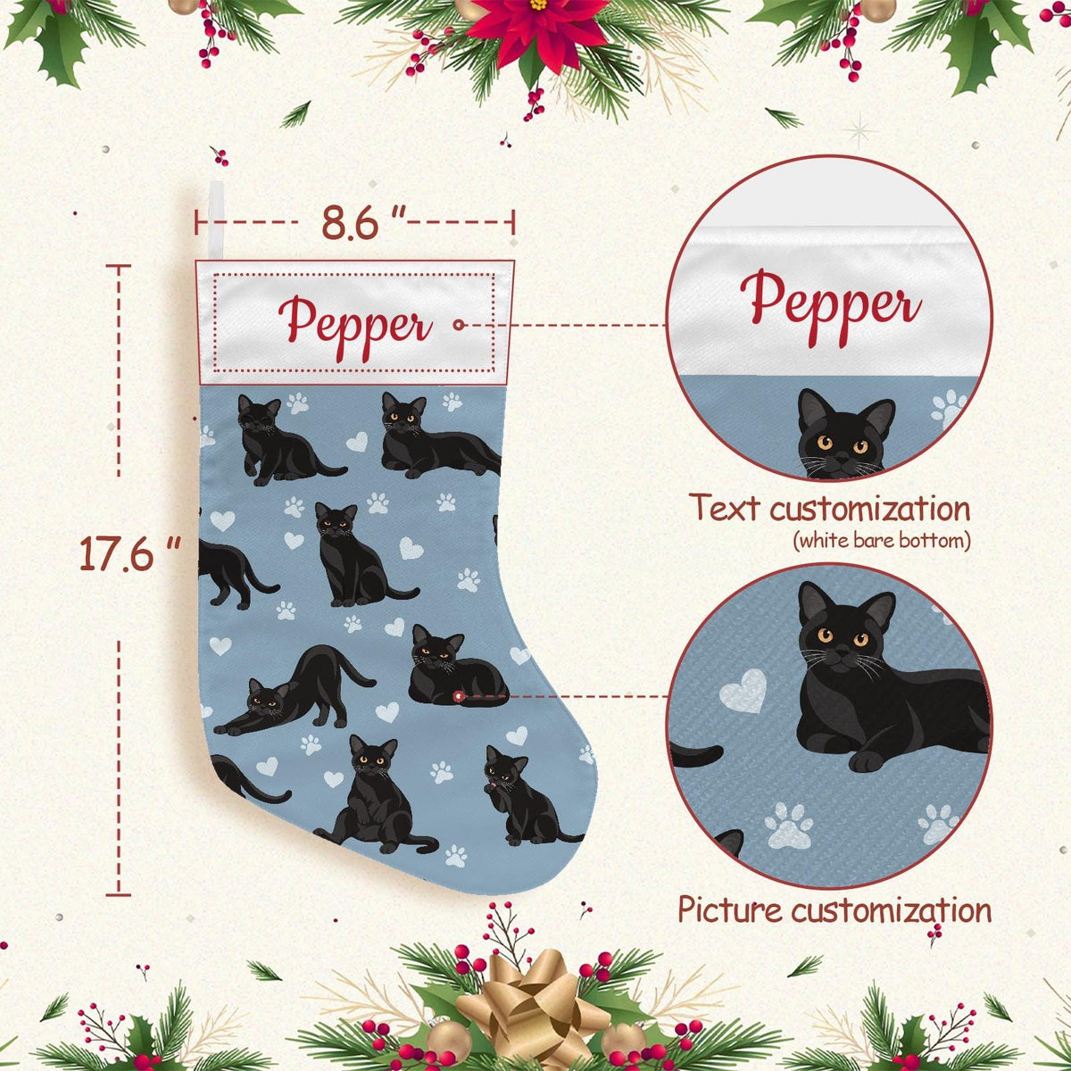 Bombay Christmas stocking on dusty blue background with example name Pepper in red script on the white cuff; view 4.