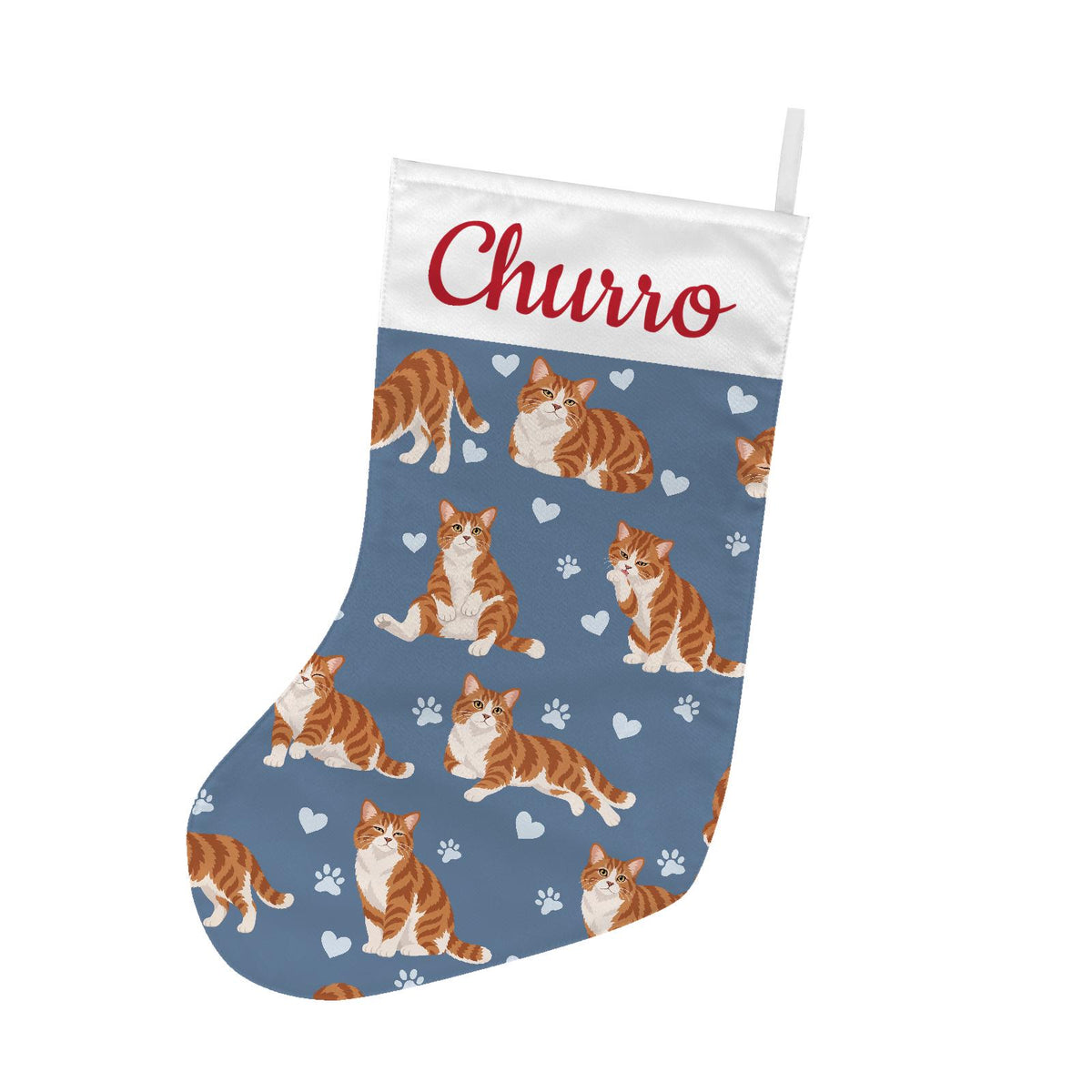 American Wirehair Christmas stocking on slate blue background with example name Churro in red script on the white cuff; view 2.