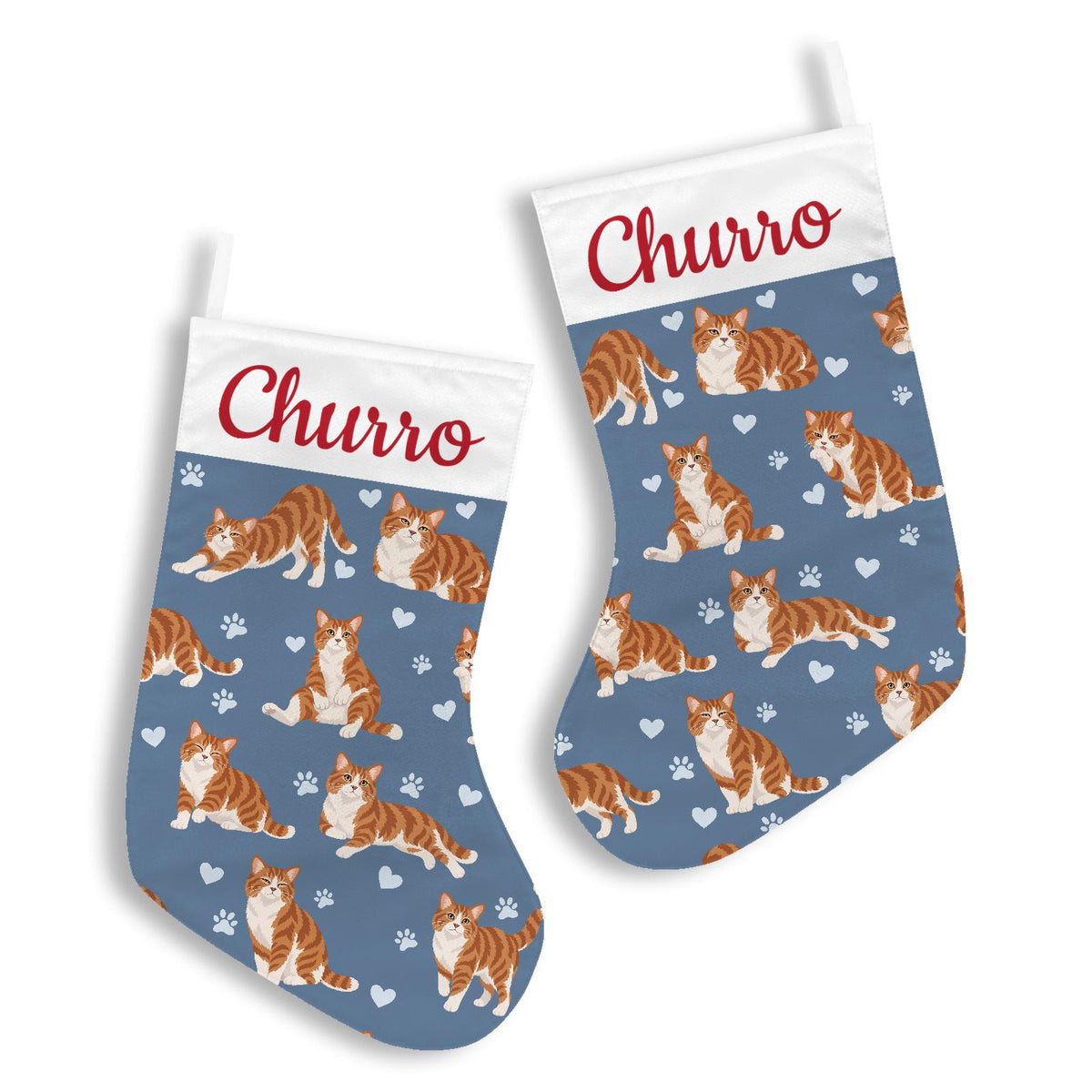 American Wirehair Christmas stocking on slate blue background with example name Churro in red script on the white cuff; view 3.