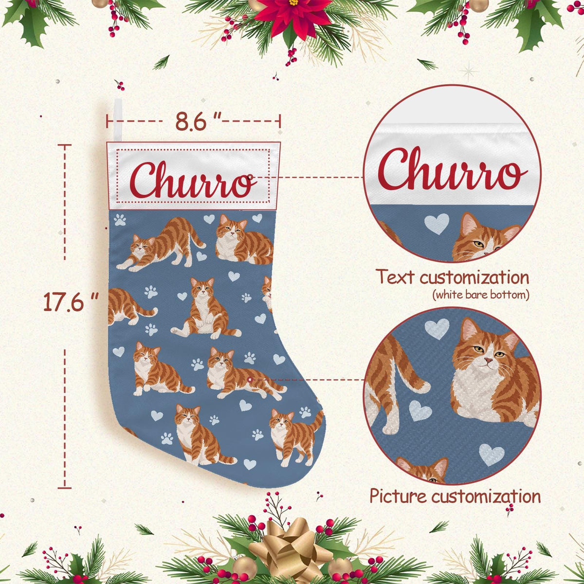 American Wirehair Christmas stocking on slate blue background with example name Churro in red script on the white cuff; view 4.