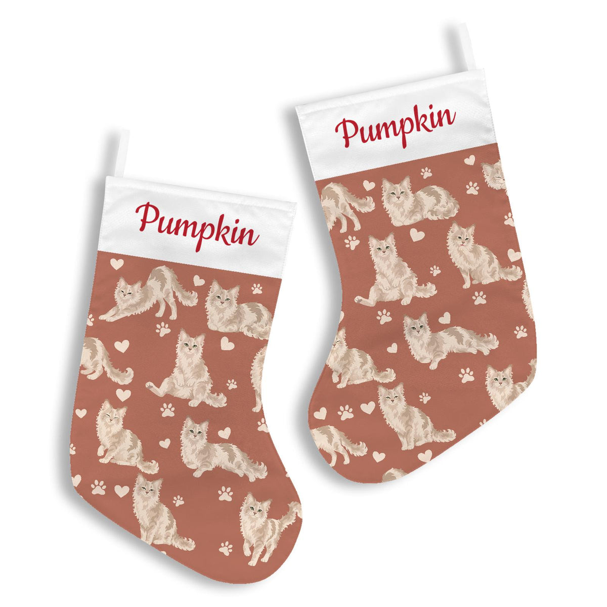LaPerm Christmas stocking on muted terracotta background with example name Pumpkin in red script on the white cuff; view 3.