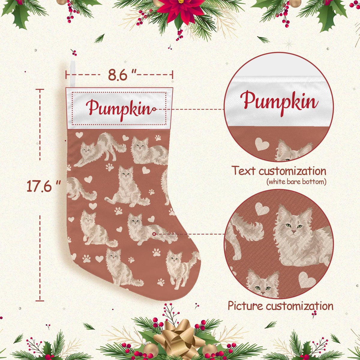 LaPerm Christmas stocking on muted terracotta background with example name Pumpkin in red script on the white cuff; view 4.