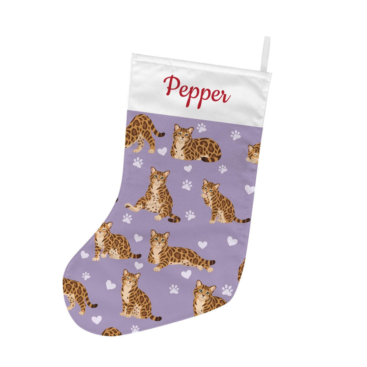Bengal Christmas stocking on soft lavender background with example name Pepper in red script on the white cuff; view 2.