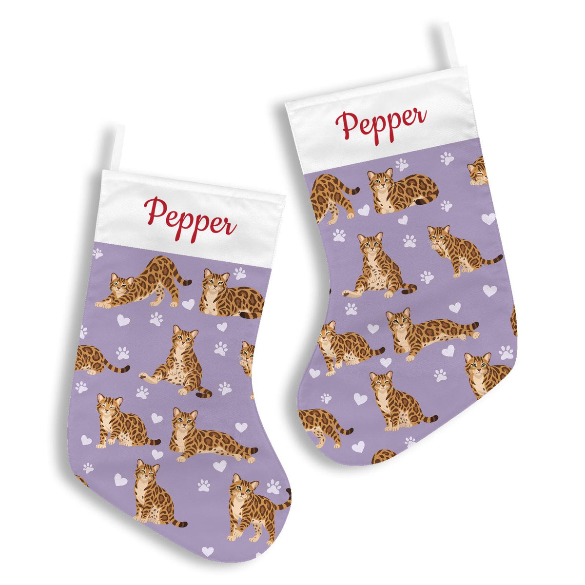 Bengal Christmas stocking on soft lavender background with example name Pepper in red script on the white cuff; view 3.