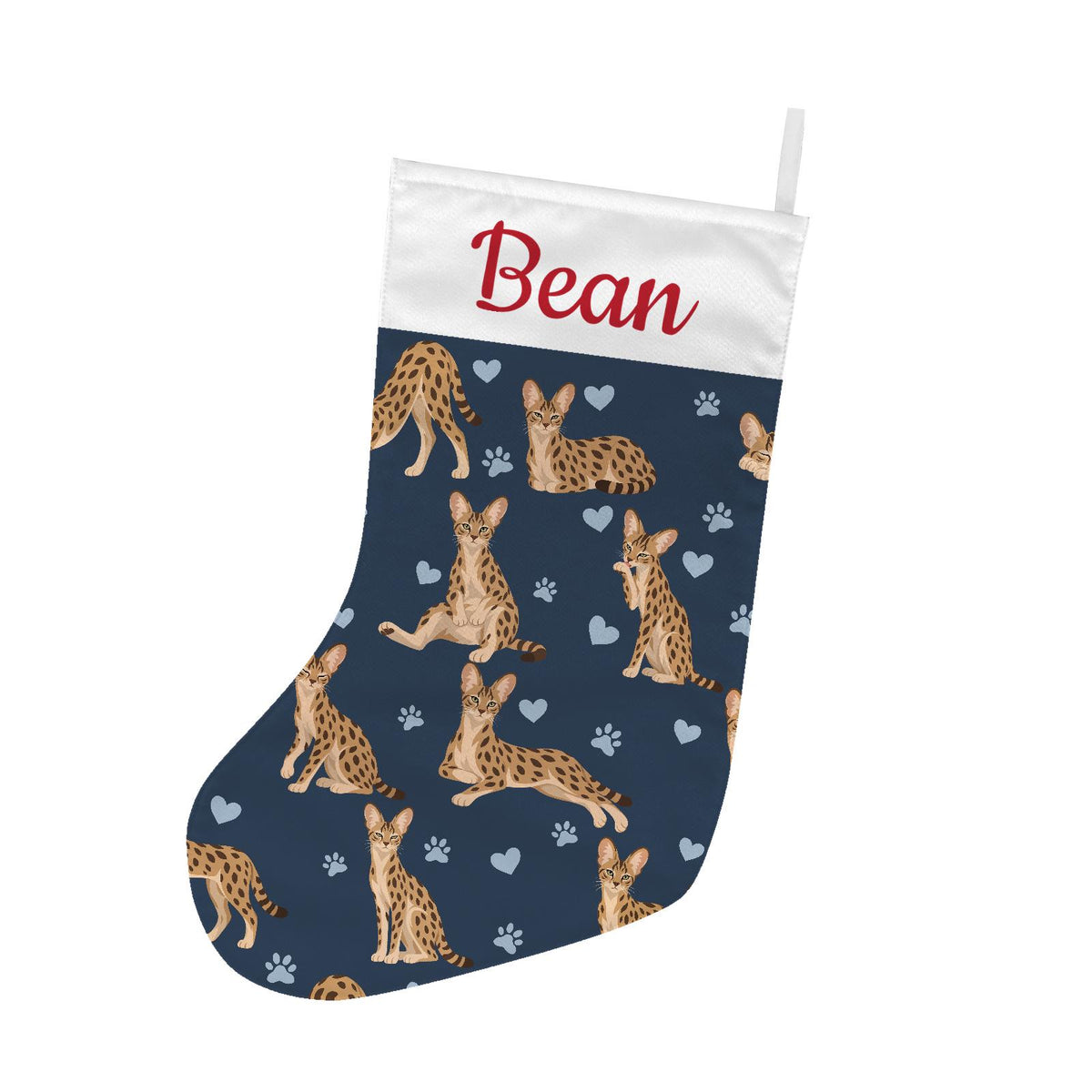 Savannah Christmas stocking on deep navy background with example name Bean in red script on the white cuff; view 2.