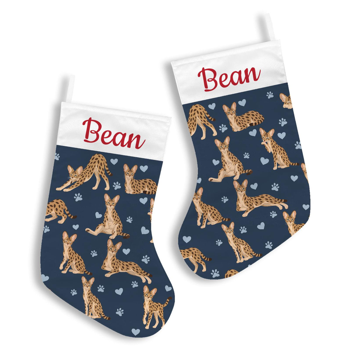 Savannah Christmas stocking on deep navy background with example name Bean in red script on the white cuff; view 3.