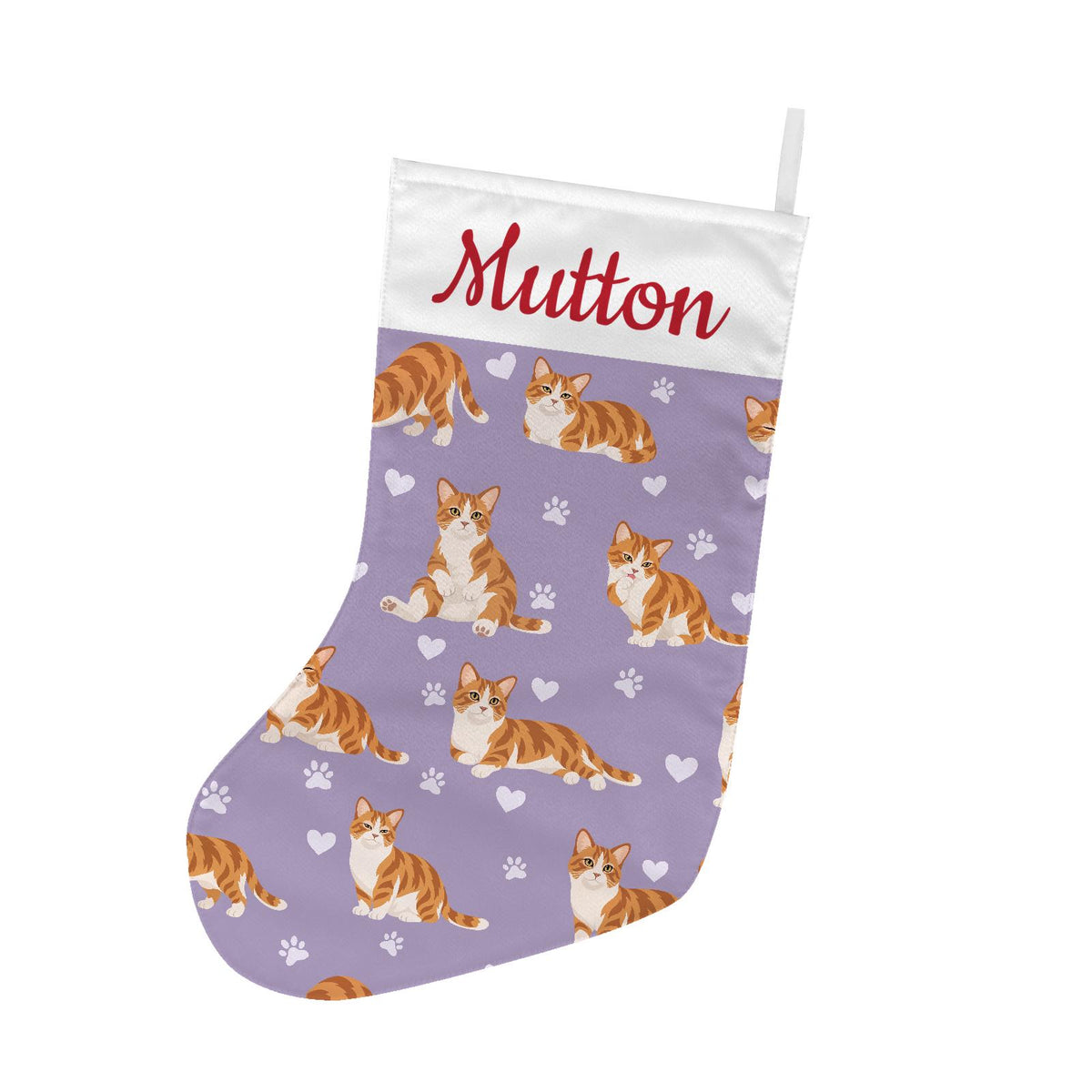 Munchkin Christmas stocking on soft lavender background with example name Mutton in red script on the white cuff; view 2.