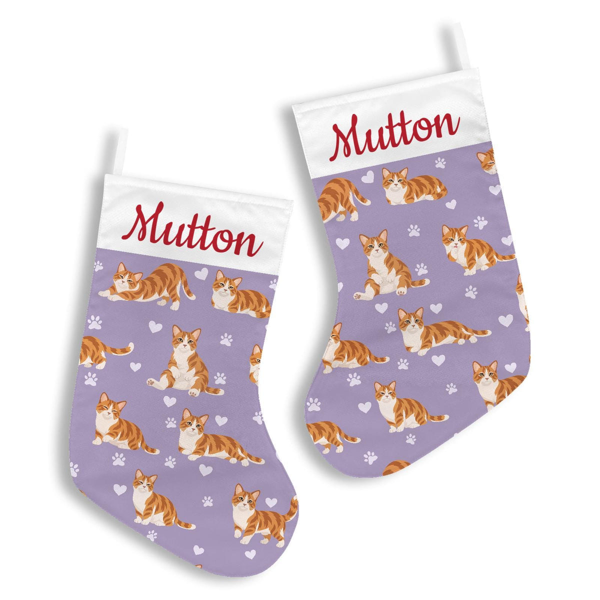 Munchkin Christmas stocking on soft lavender background with example name Mutton in red script on the white cuff; view 3.