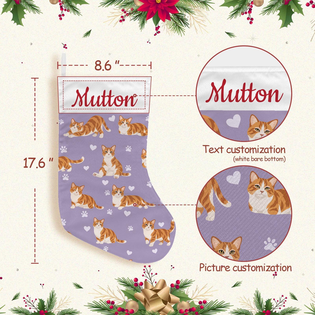 Munchkin Christmas stocking on soft lavender background with example name Mutton in red script on the white cuff; view 4.